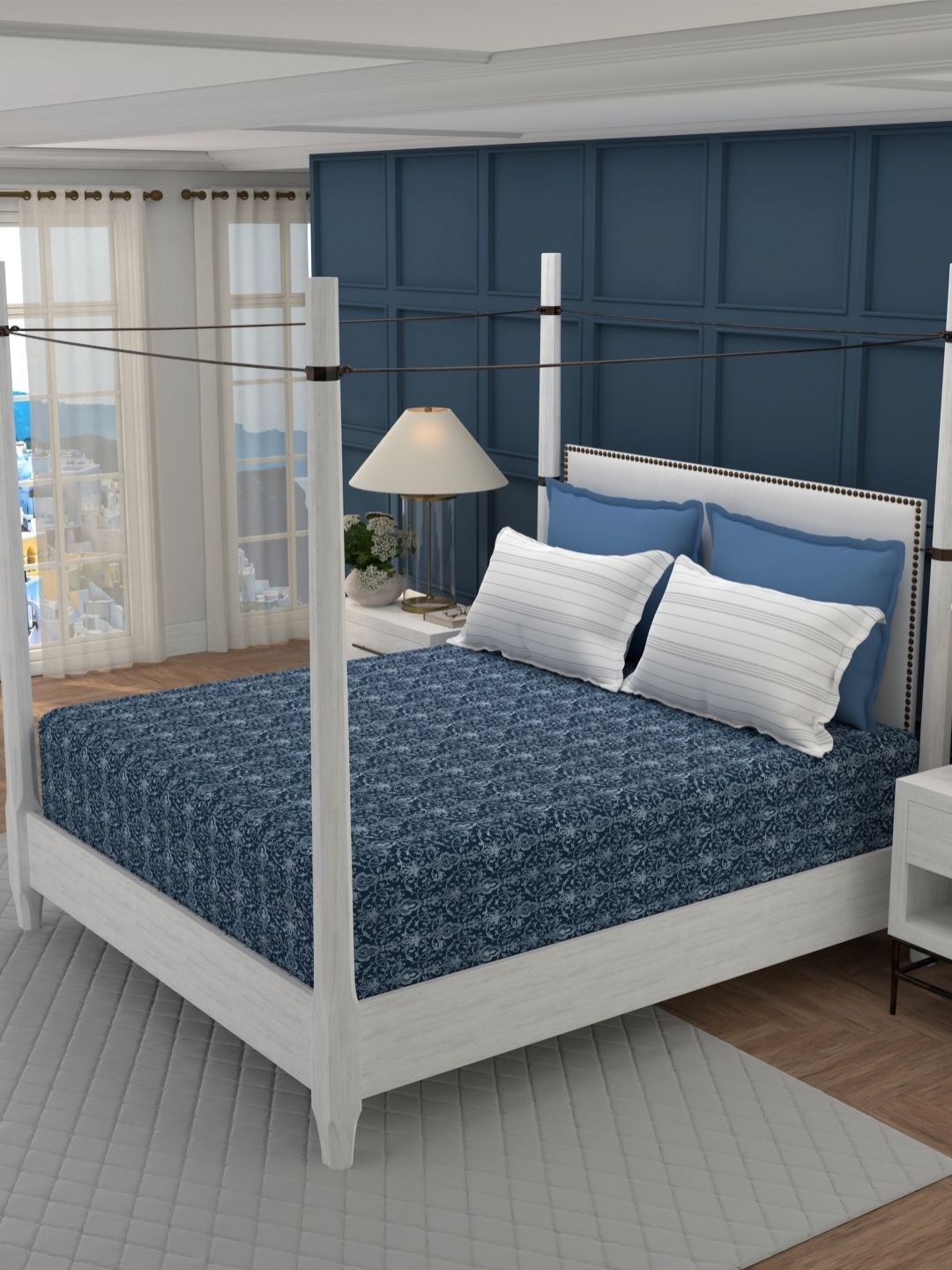 

TRIDENT Marina Classic Mood Indigo Flat 200TC King Cotton Bedsheet Set, Navy blue