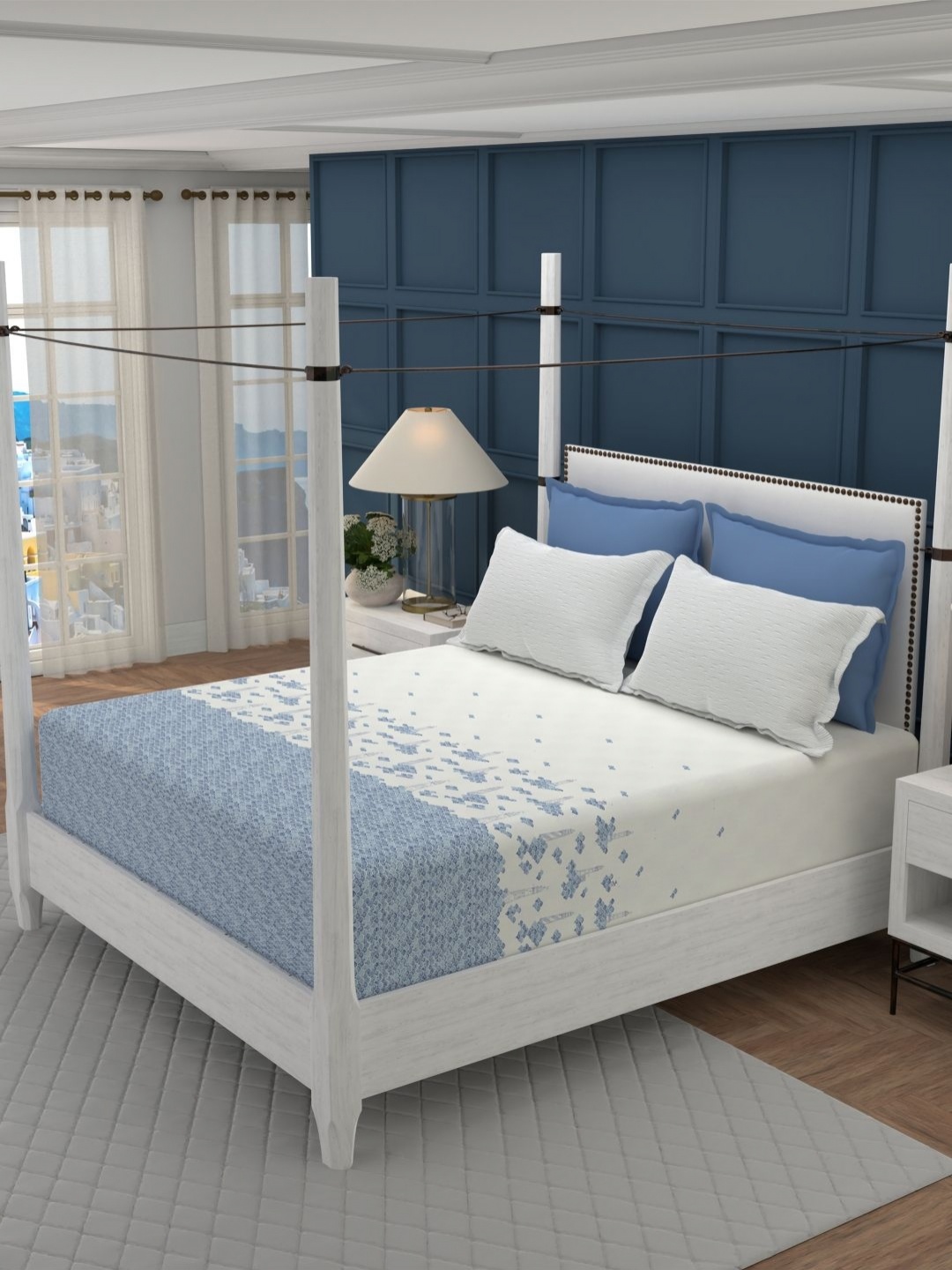 

MYTRIDENT Light House Classic Mood Indigo Flat 200TC King Cotton Bedsheet Set, Blue