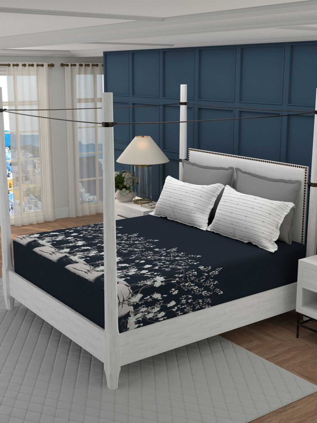 

MYTRIDENT Classic Mood Indigo Flat 200TC King Cotton 1 Bedsheet with 2 Pillow Covers, Black