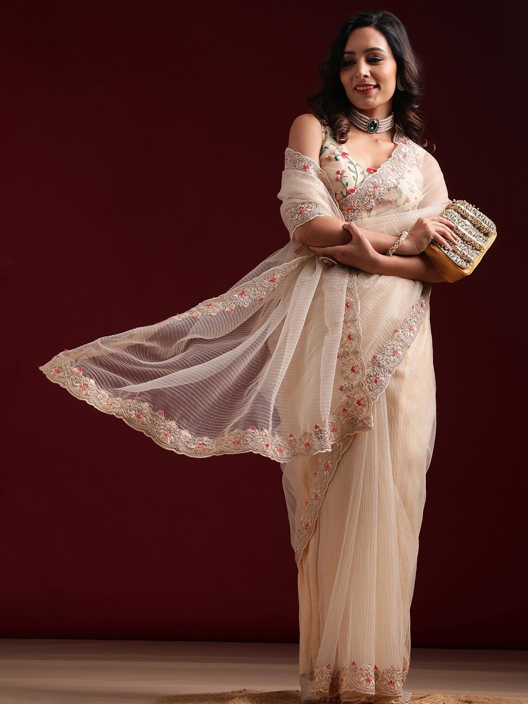 

kasee Embellished Embroidered Net Saree, Beige