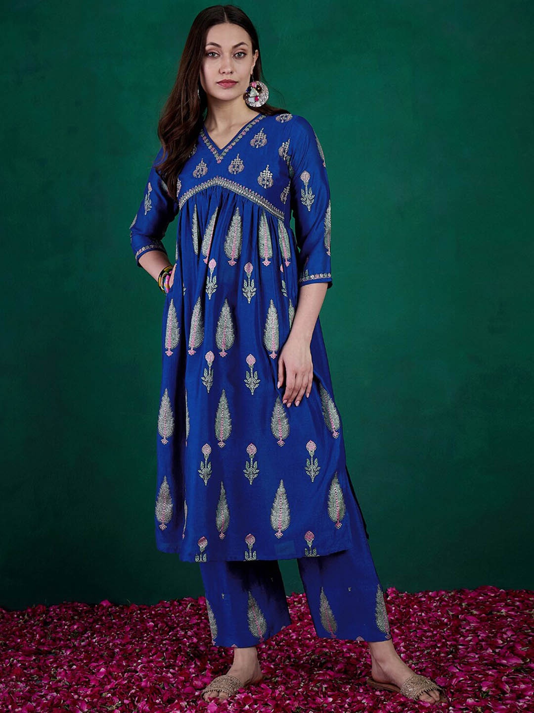 

Sangria Blue Embroidered V-Neck A-line Kurta With Trousers