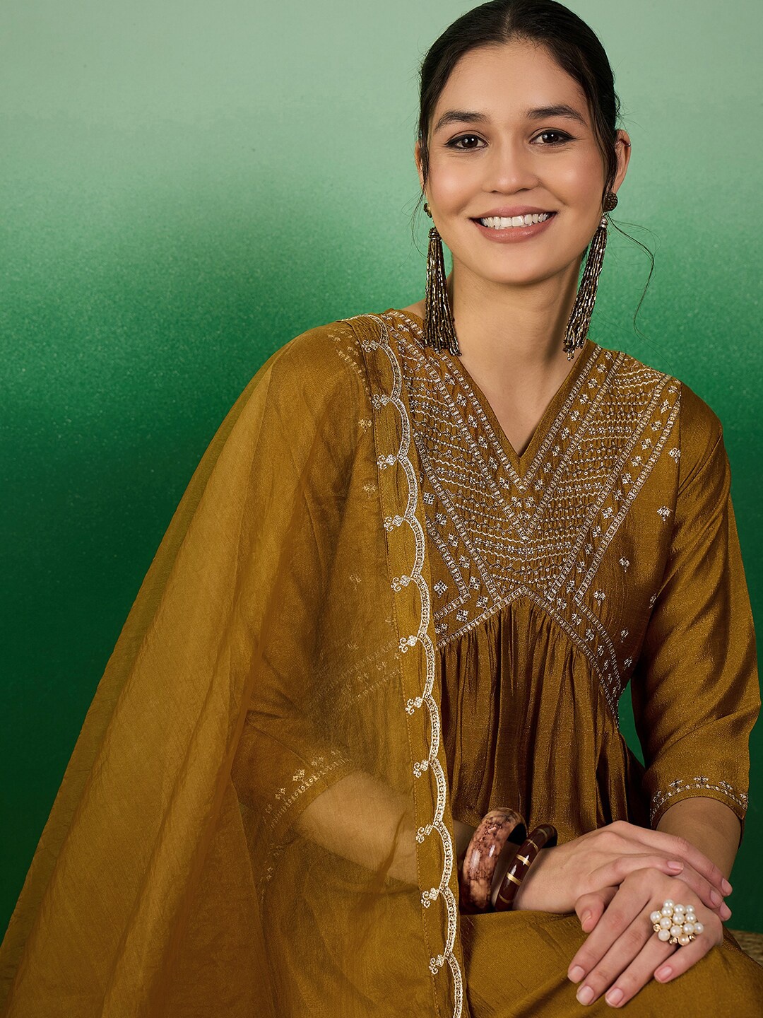 

Sangria Mustard Yellow Sequin Zari Embroidered Anarakli Kurta With Trousers & Dupatta