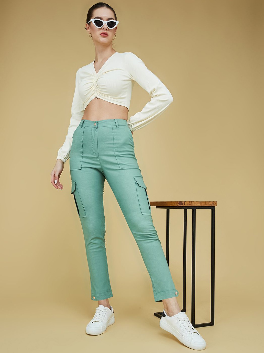 

Life With Pockets Women High-Rise Cargos, Turquoise blue