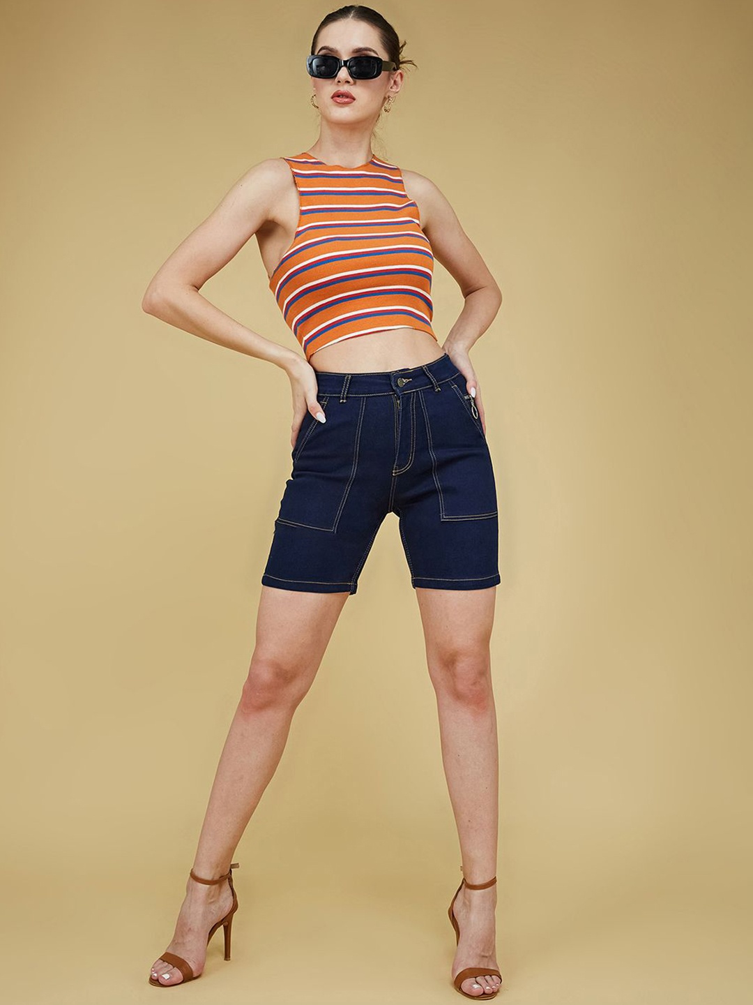 

Life With Pockets Women High-Rise Panelled Casual Denim Shorts, Navy blue
