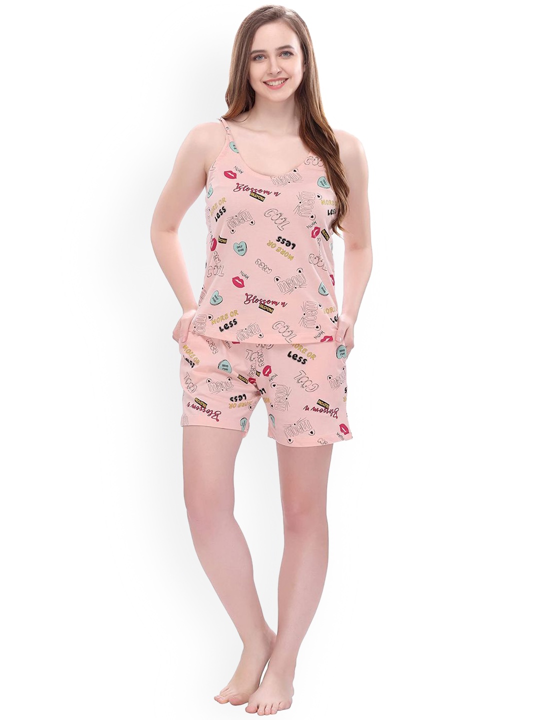 Xivir Typography Printed Night suit, Pink