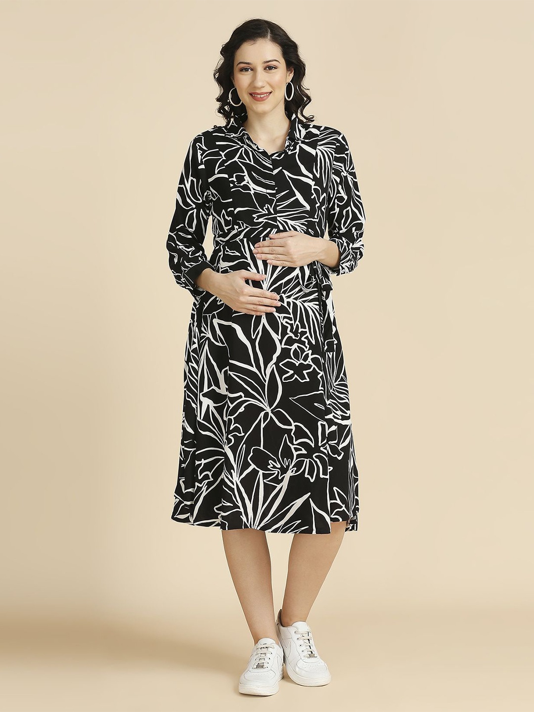 

MomToBe Floral Printed Shirt Collar Maternity A-Line Midi Dress, Black