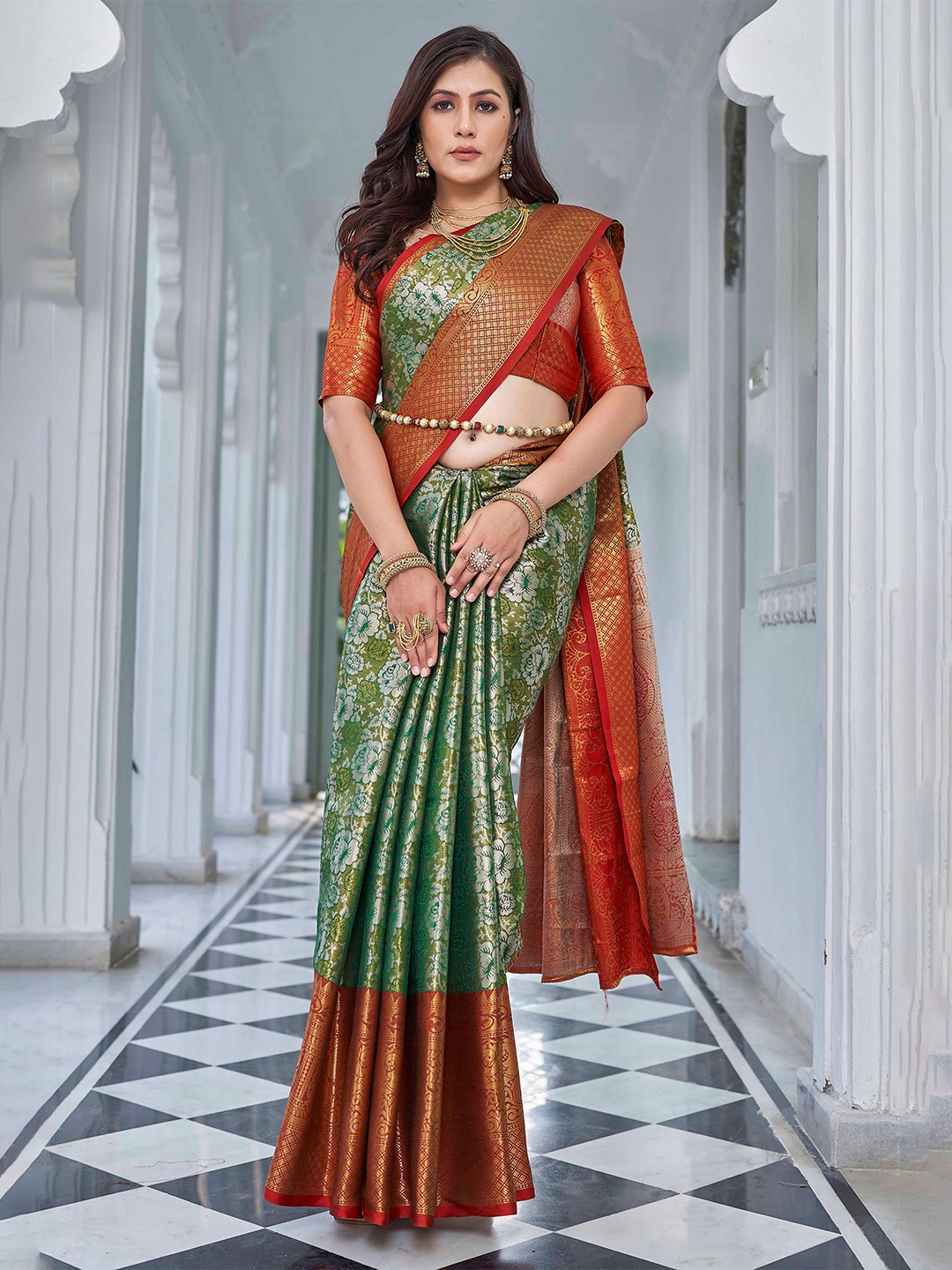 

Tankori Woven Design Zari Pure Silk Dharmavaram Saree, Green