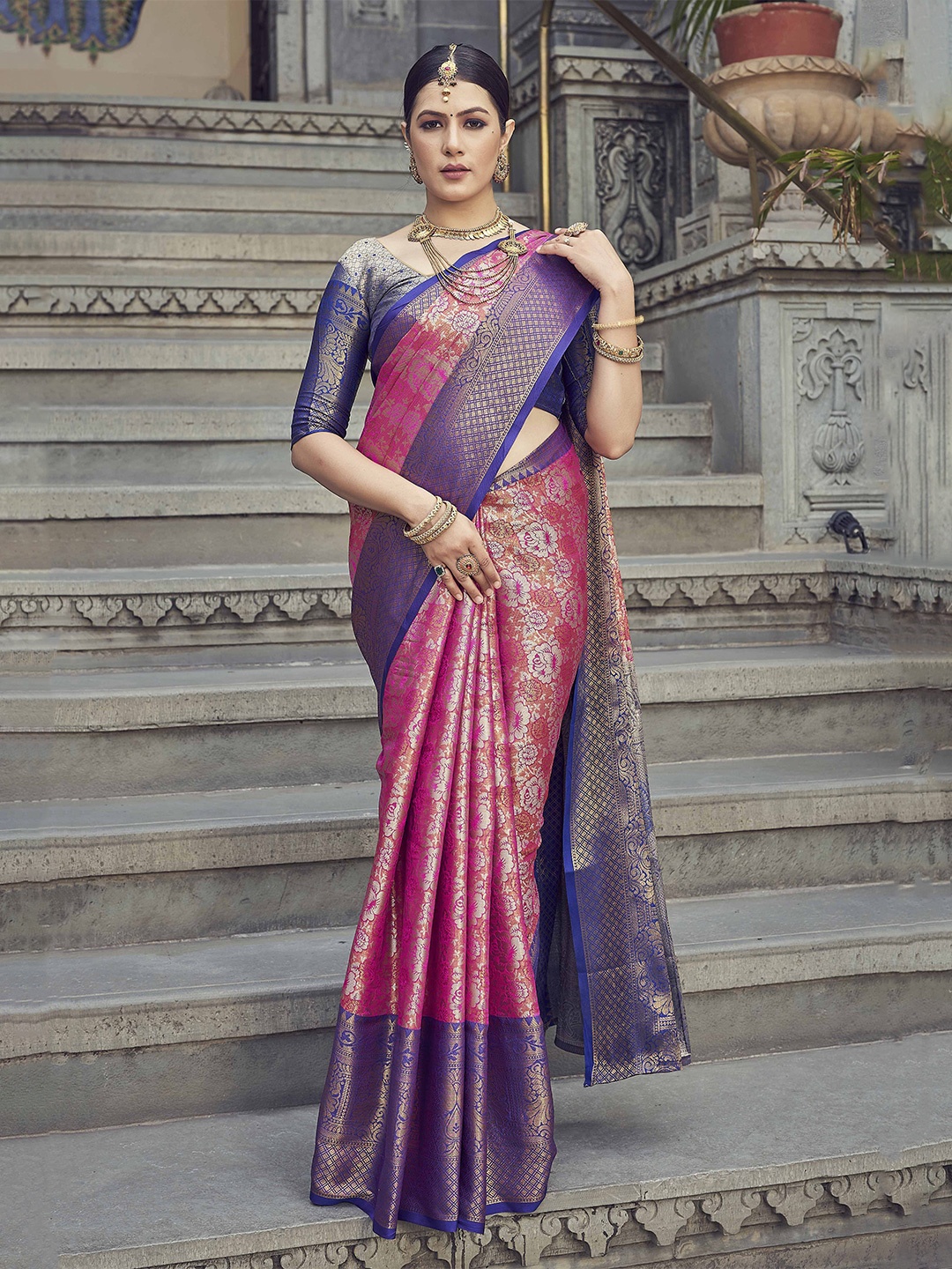 

Tankori Woven Design Zari Pure Silk Dharmavaram Saree, Pink