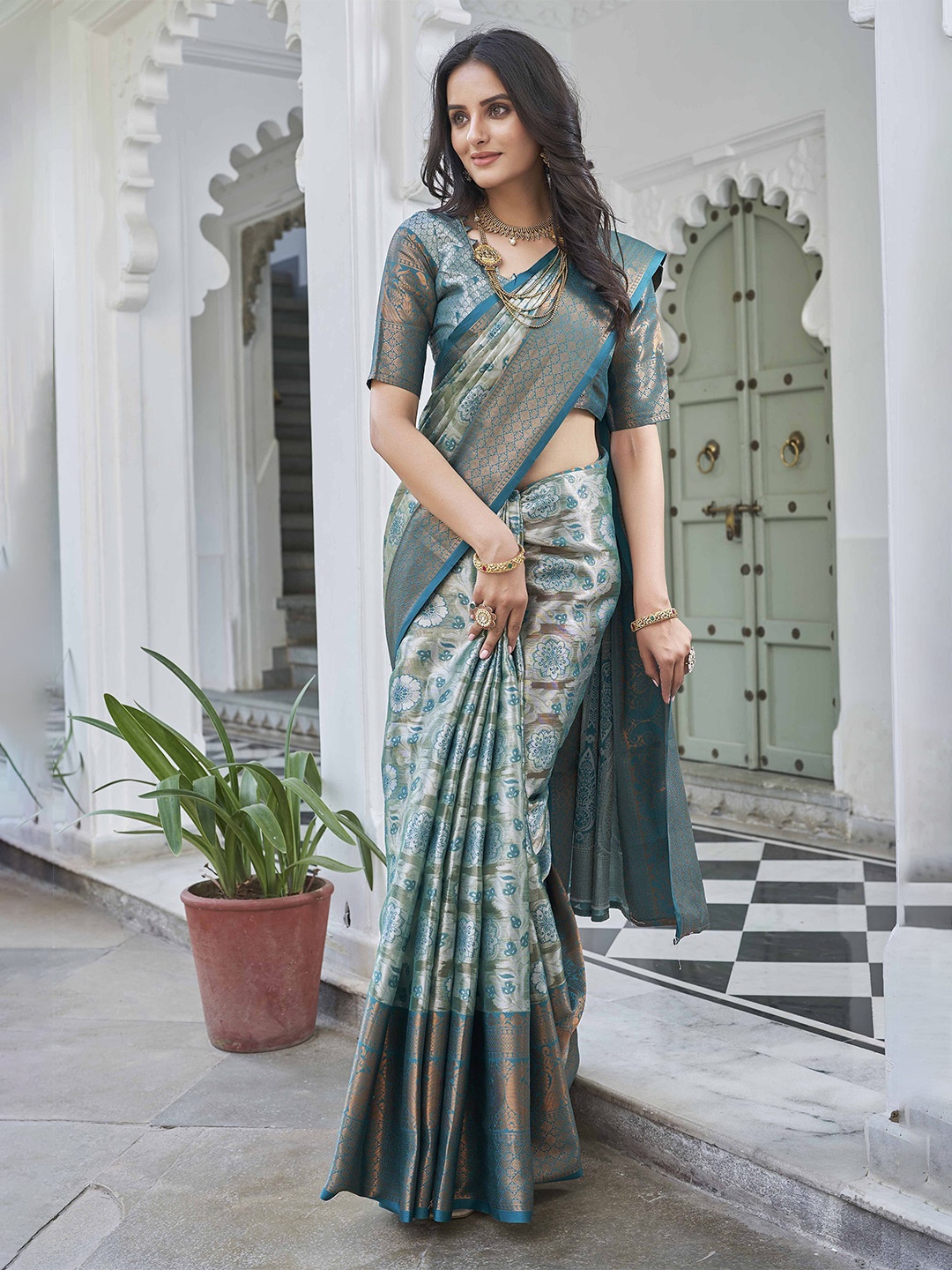 

Tankori Ethnic Motifs Zari Organza Kanjeevaram Saree, Teal