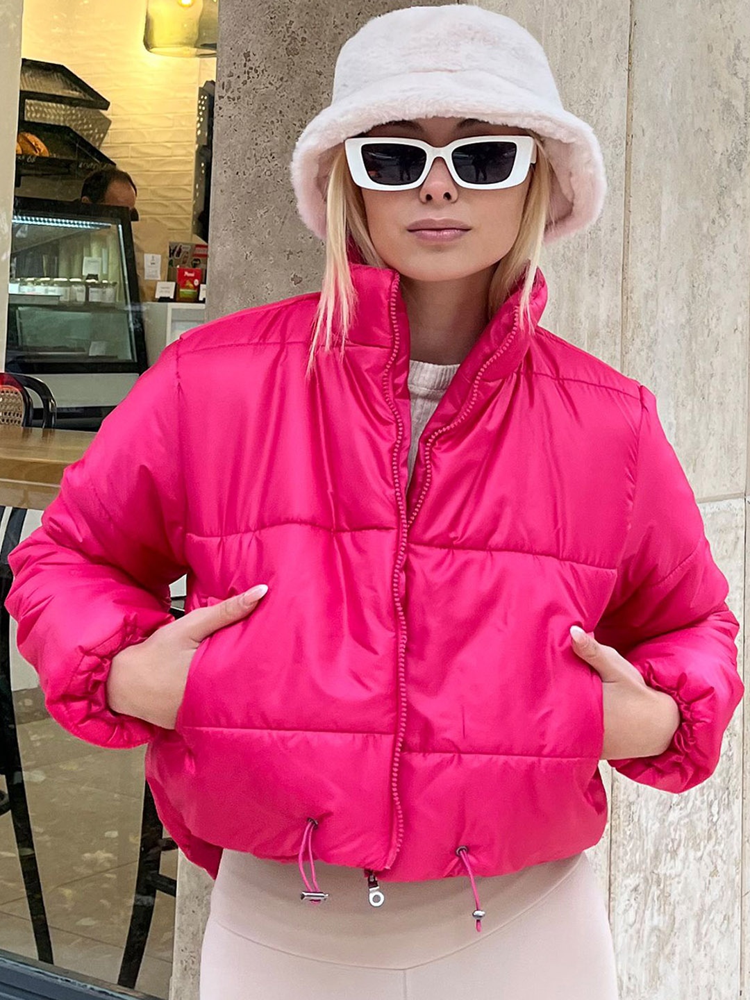 

Trend Alacati stili Mock Collar Crop Padded Jacket, Pink