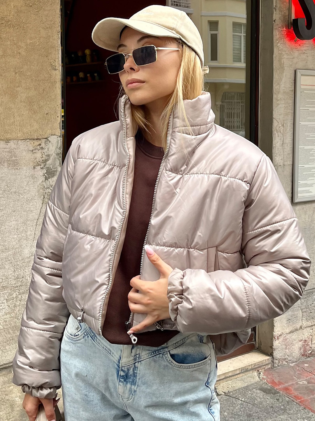 

Trend Alacati stili Mock Collar Puffer Jacket, Grey