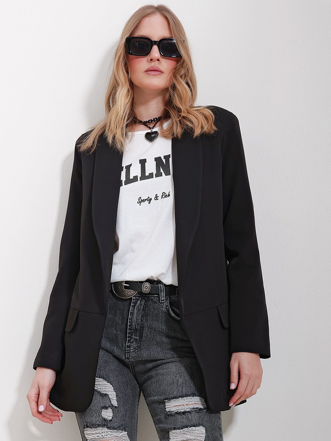 

Trend Alacati stili Shawl Collar Open-Front Casual Blazer, Black