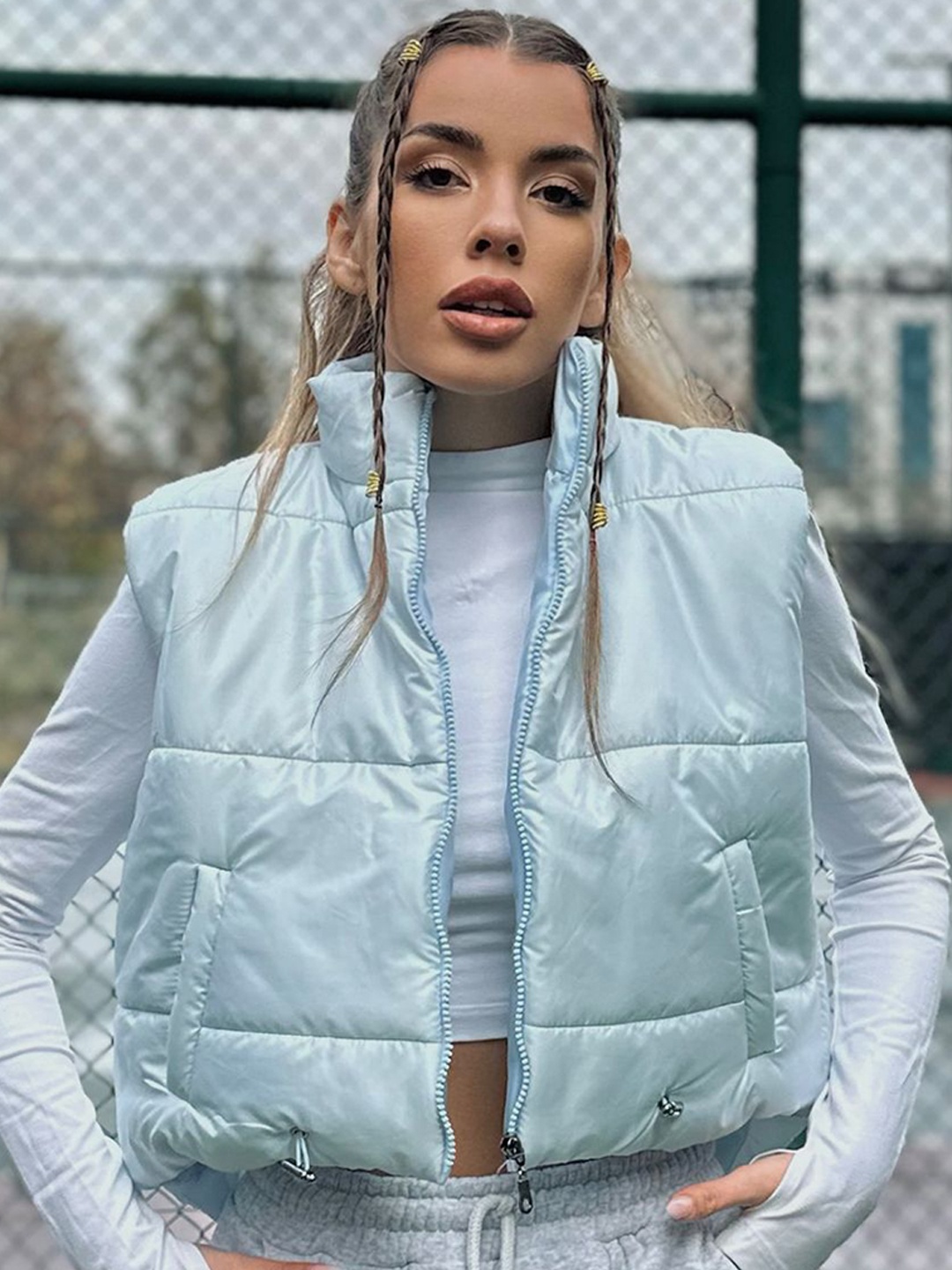 

Trend Alacati stili Mock Collar Crop Puffer Jacket, Blue