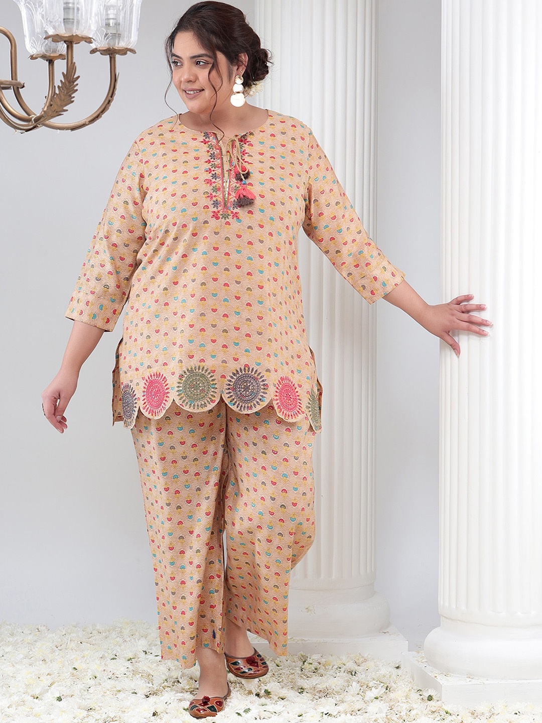 

Bani Women Plus Size Floral Printed Three Quarter Sleeves Casual Tunic With Palazzos, Beige
