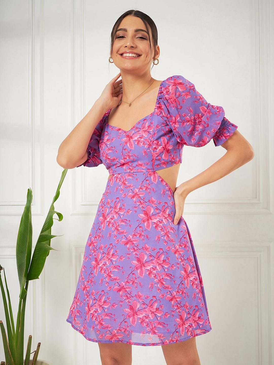 Kibo Floral Printed Puff Sleeves Cut-Outs Georgette A-Line Dress, Pink