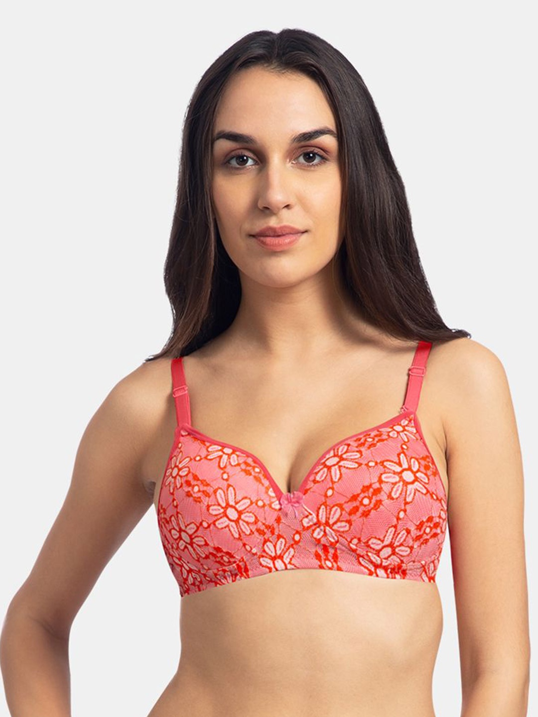 

KOMLI Printed Medium Coverage Heavily Padded Cotton Push-Up Bra With All Day Comfort, Coral