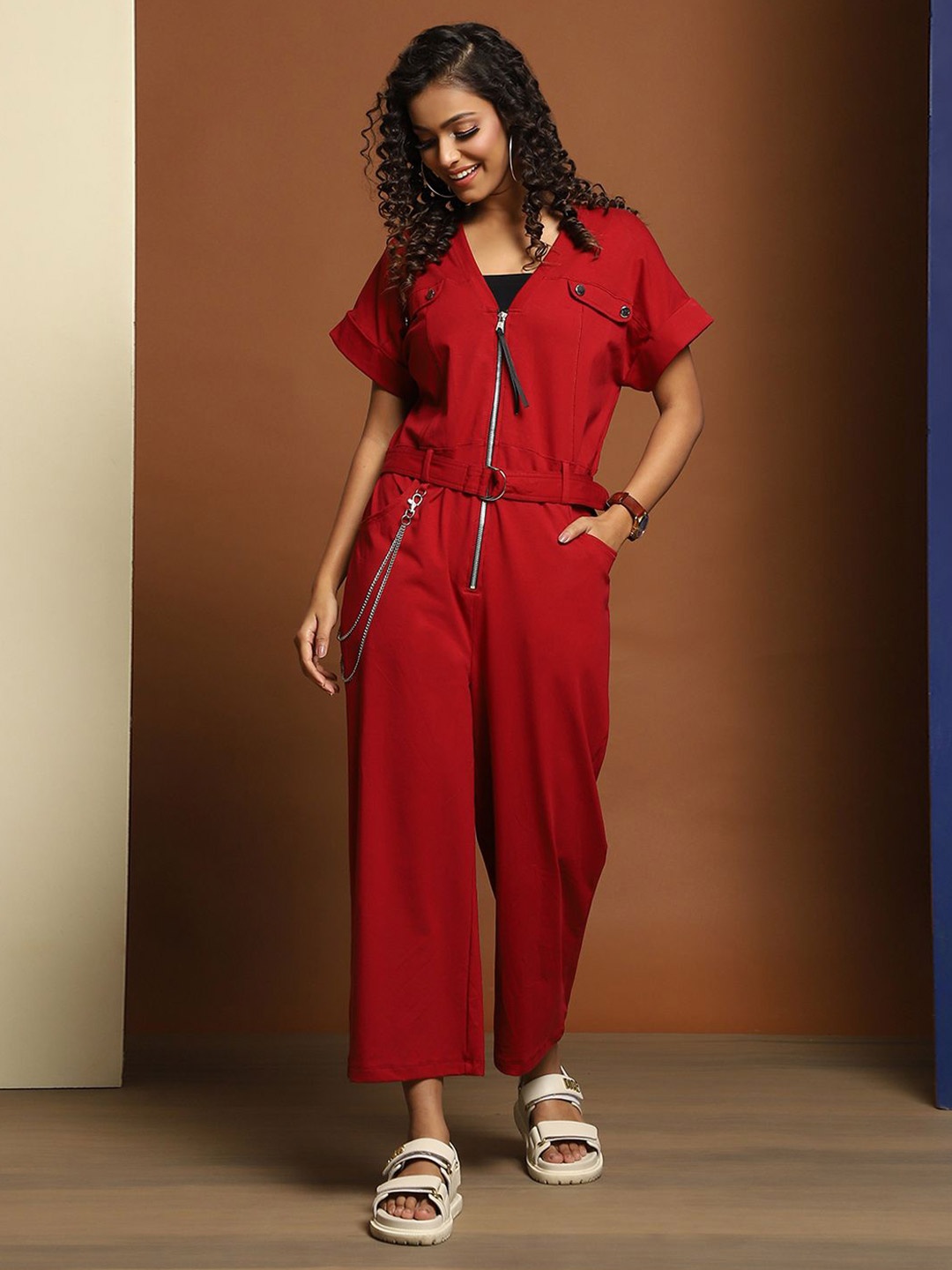 

Baawri V-Neck Cotton Basic Jumpsuit, Red