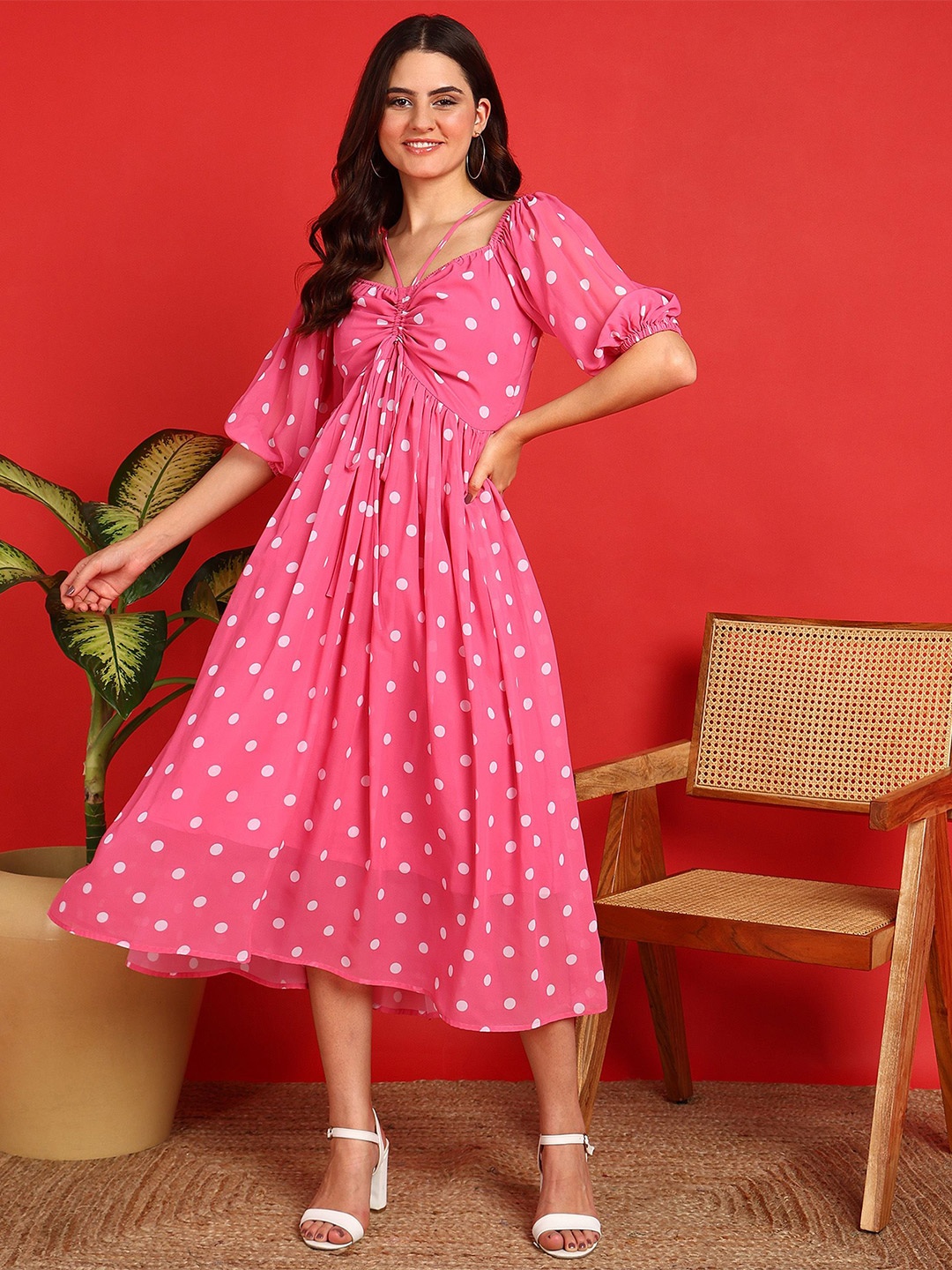 

HIVA TRENDZ Polka Dots Printed Puff Sleeves Georgette Ruched Empire Midi Dress, Pink