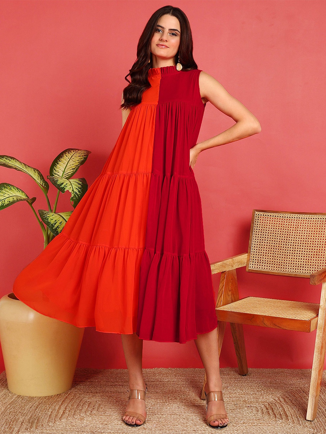 

HIVA TRENDZ Colourblocked Tiered Georgette A-Line Midi Dress, Orange