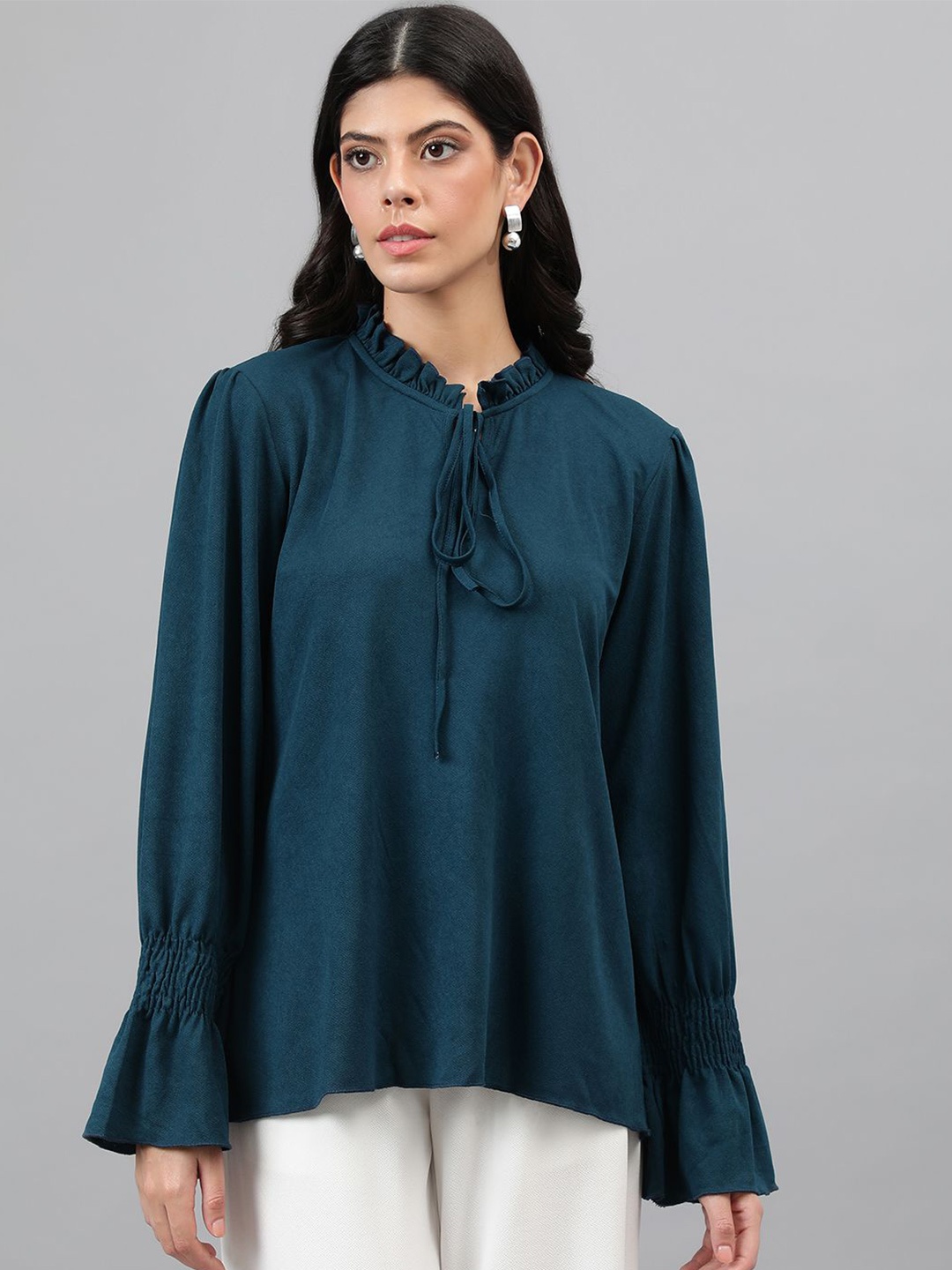 

KOTTY BIZwear Tie-Up Neck Bell Sleeve Solid Top, Teal