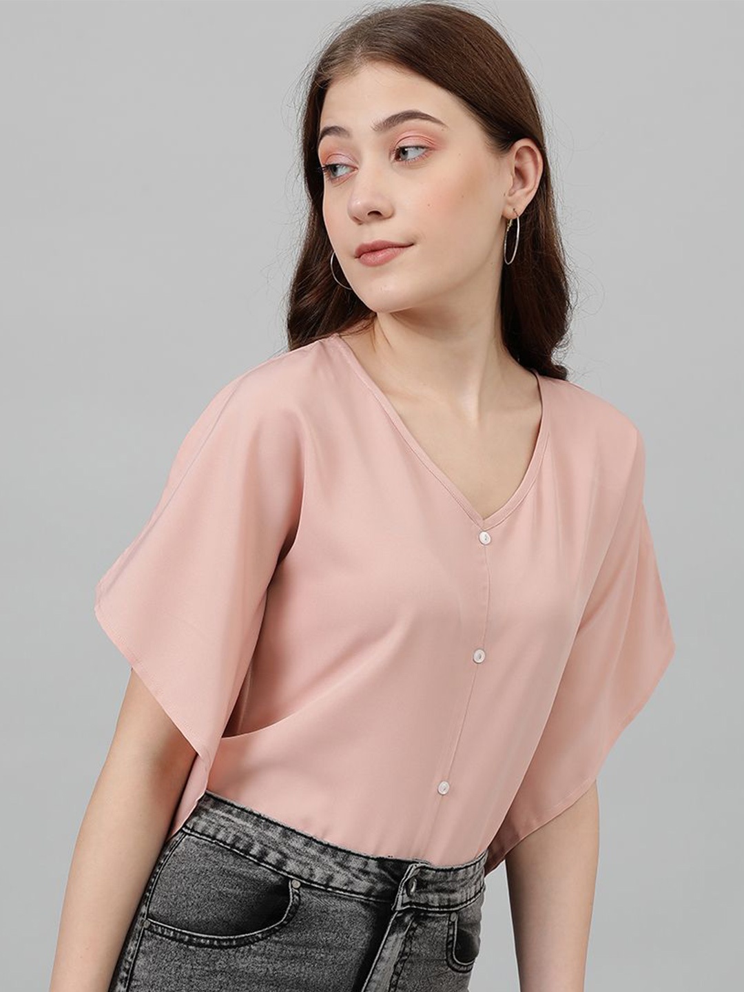 

Kotty V-Neck Batwing Sleeves Solid Top, Pink