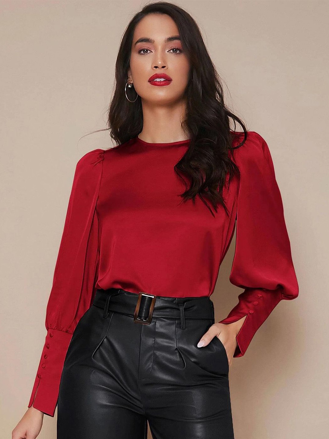 

Kotty Round Neck Cuffed Sleeve Satin Top, Red