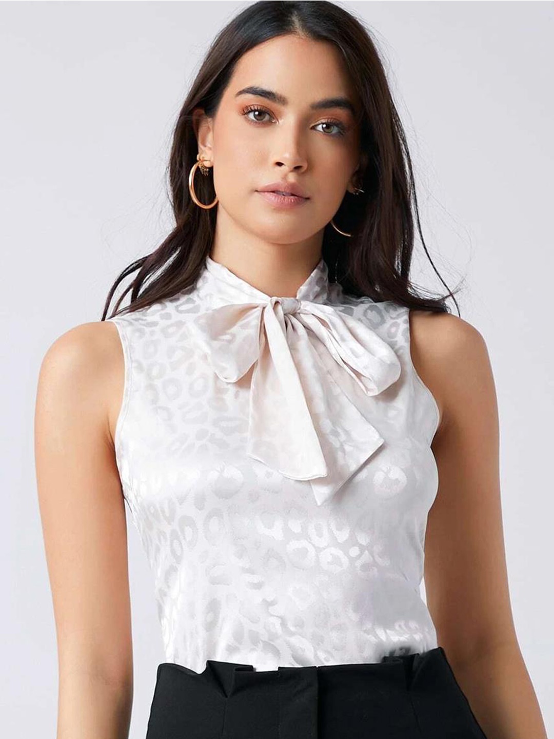 

KOTTY BIZwear Animal Printed Tie-Up Neck Satin Top, White