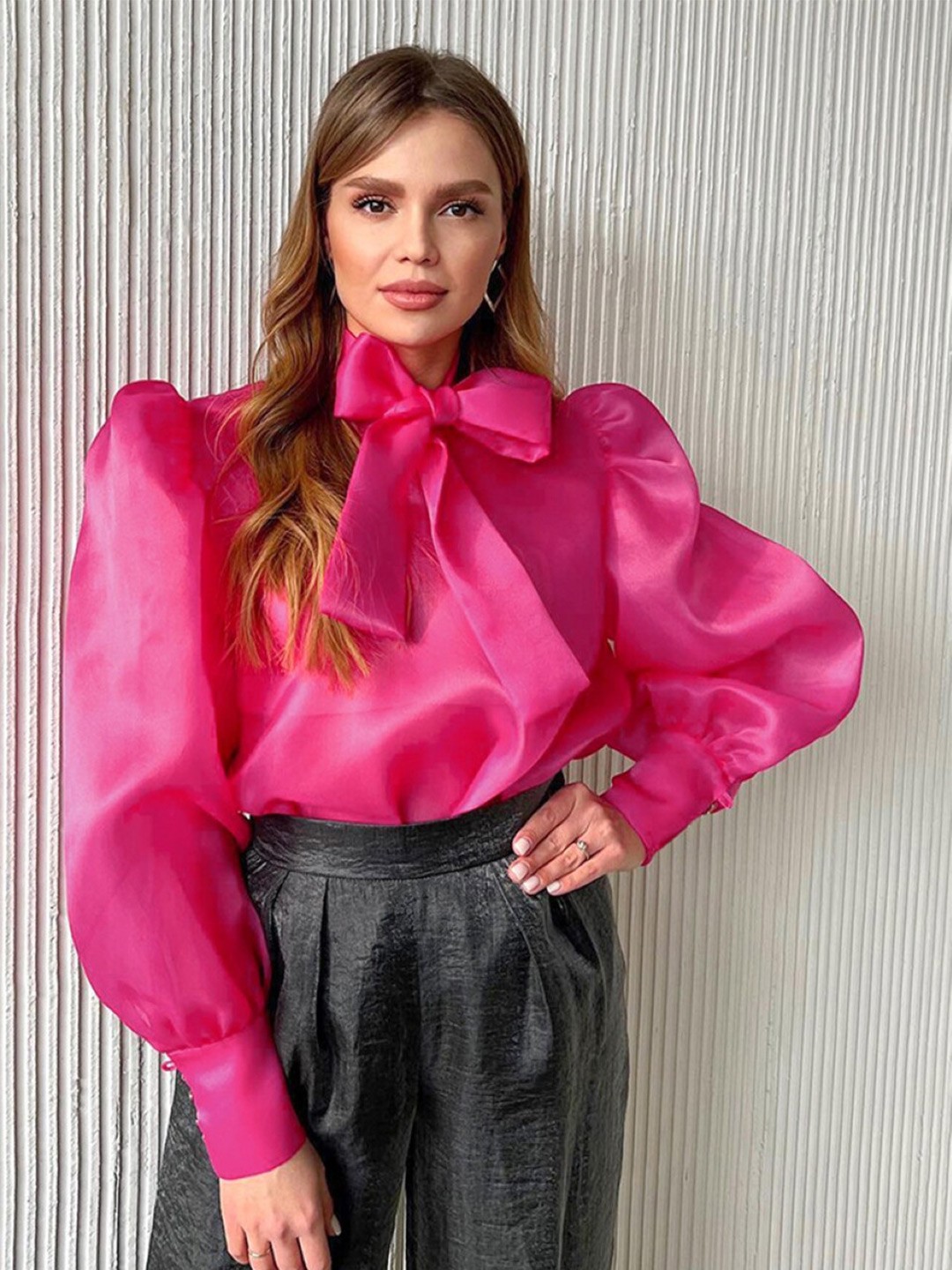 

StyleCast Pink Tie-Up Neck Cuffed Sleeves Top