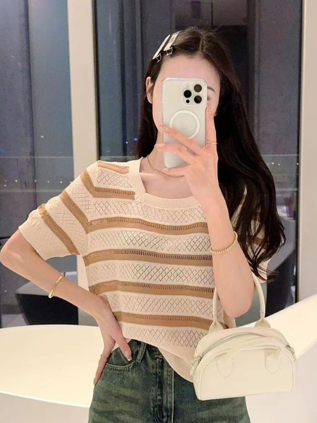 

StyleCast Self Design Horizontal Stripes Semi Sheer Top, Cream