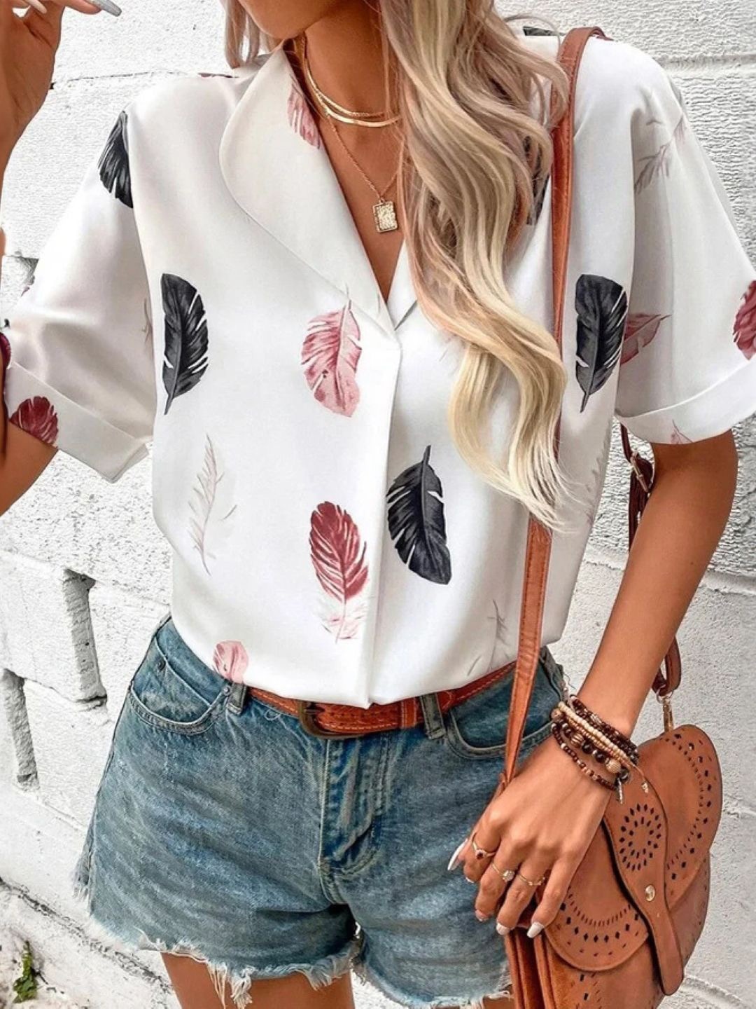 

StyleCast Women Printed Shirt Style Short Sleeves Top, White