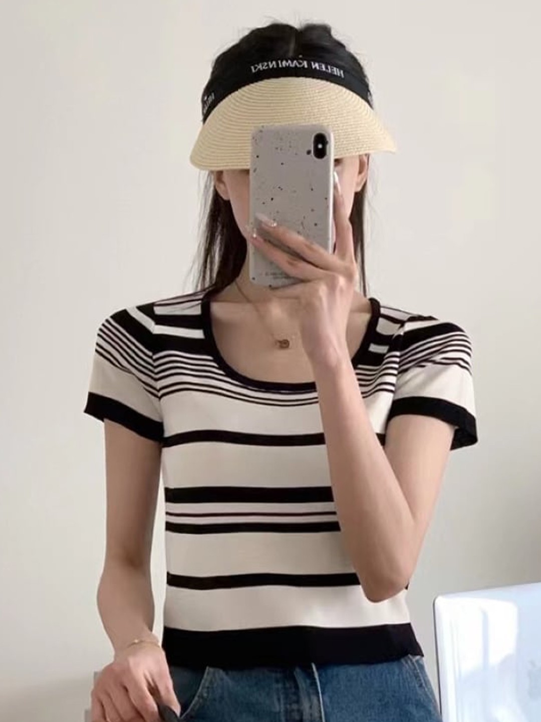 

StyleCast White Black Round Neck Striped Top