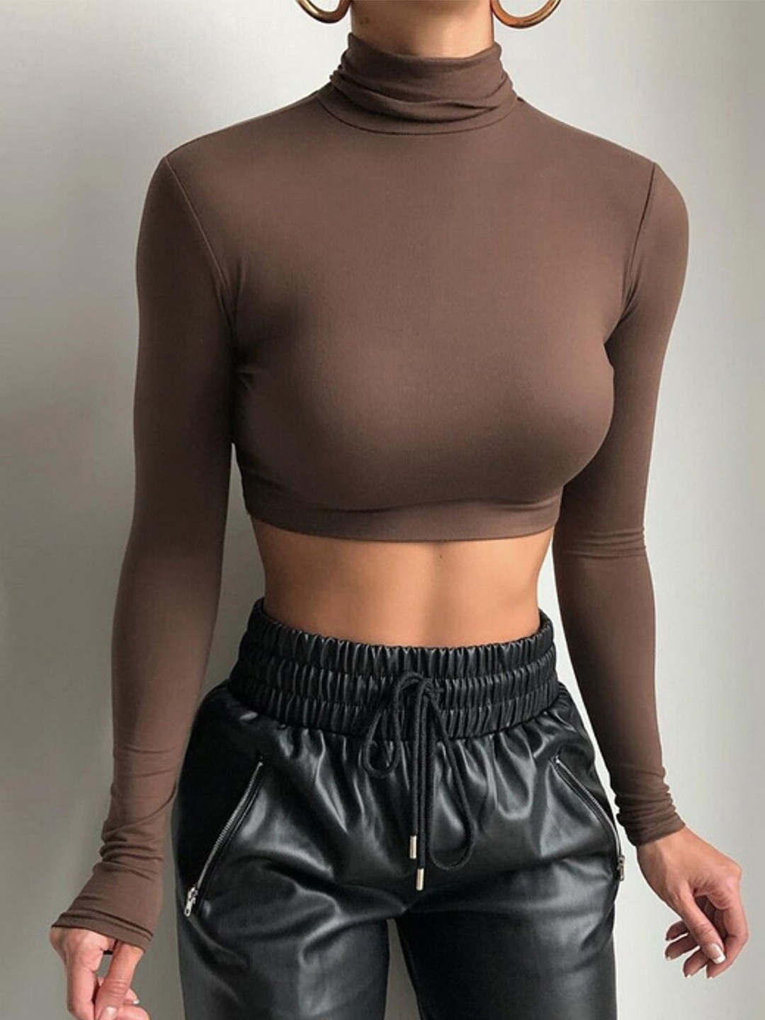 

StyleCast Brown High Neck Long Sleeves Fitted Crop Top
