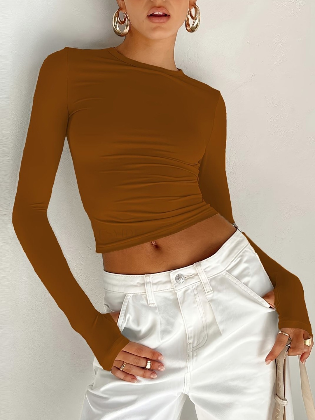 

StyleCast Solid Fitted Crop Top, Brown