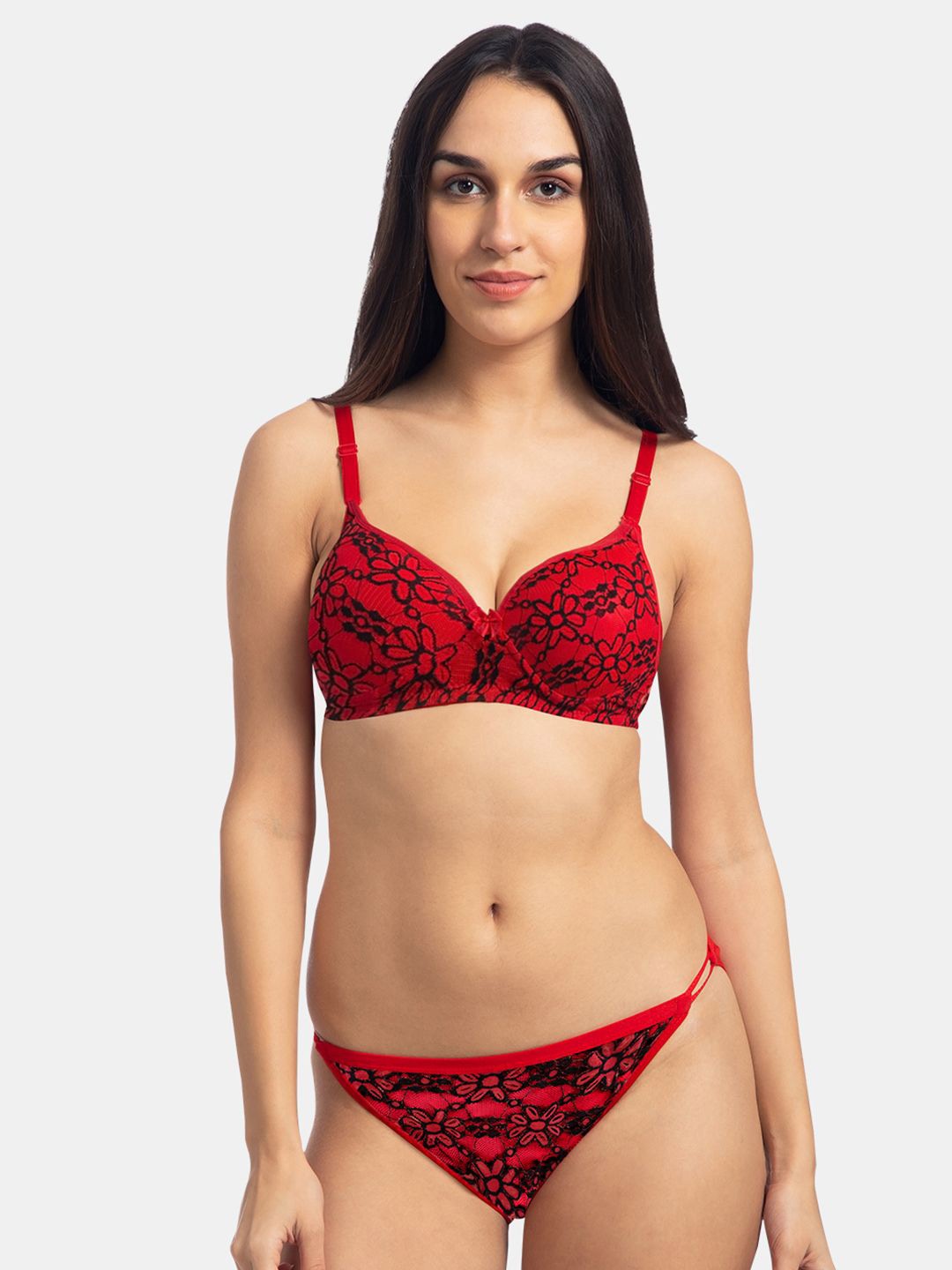 

KOMLI Floral Lace Lightly Padded Bra With Mid-Rise Briefs, Red