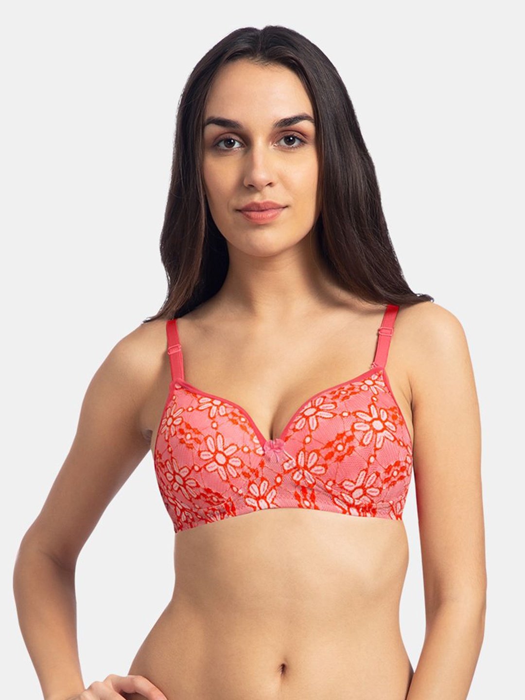 

KOMLI Printed Lightly Padded Full Coverage Lingerie Set, Coral