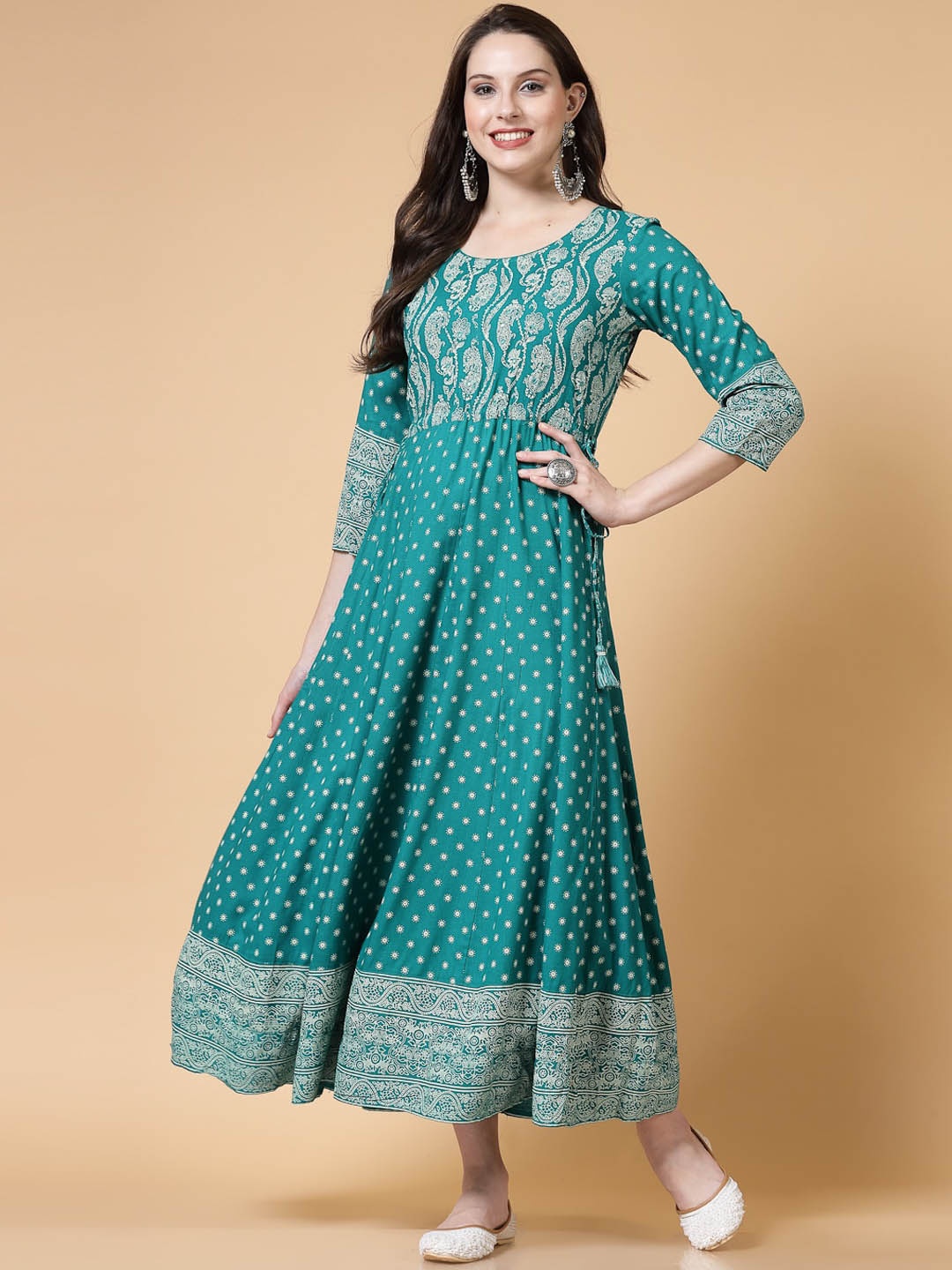 SkyaSia Round Neck Ethnic Motifs Printed Anarkali Kurta, Turquoise blue