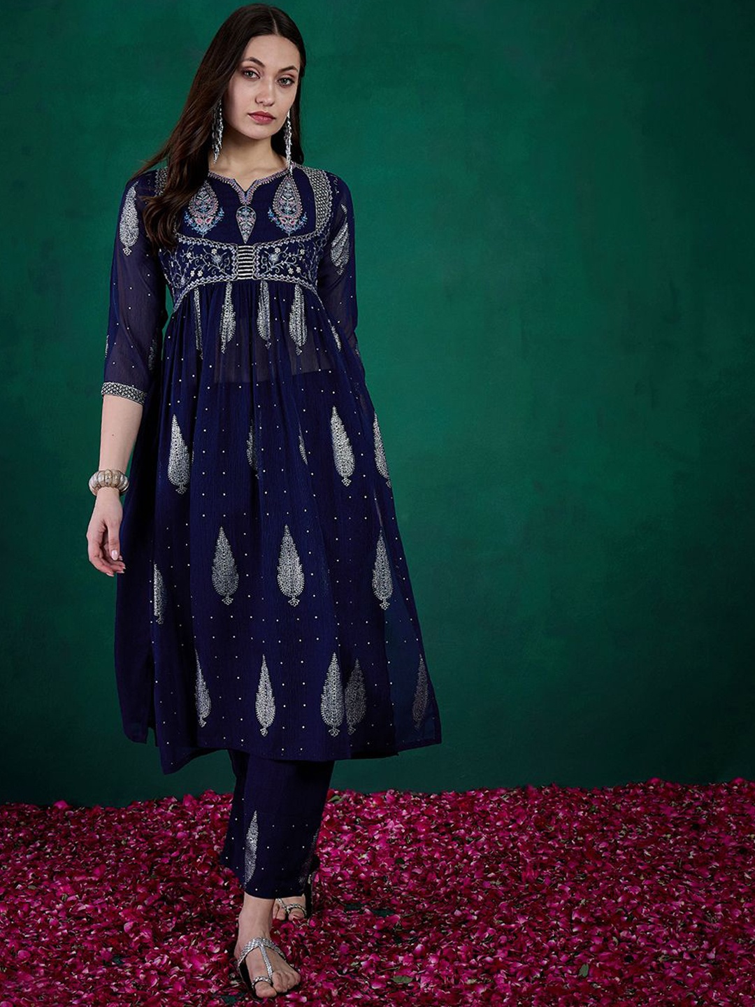 

Sangria Blue Ethnic Motifs Embroidered Sequence A-Line Kurta With Trouser