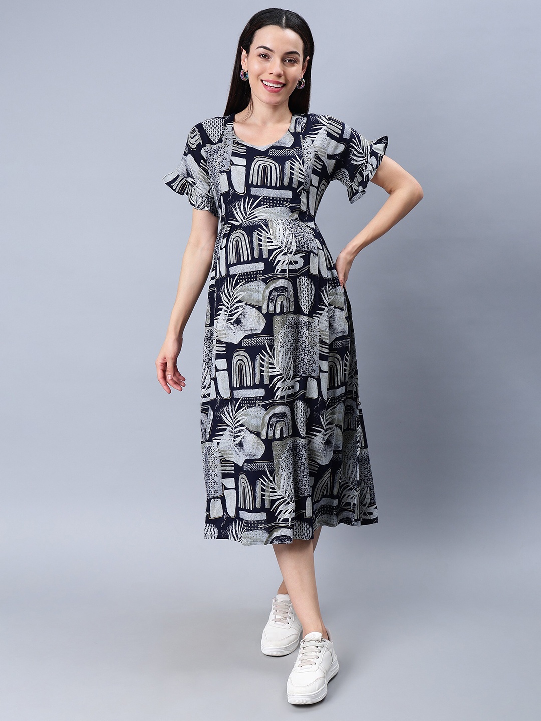 

NIGHTSPREE Floral Printed Maternity Fit & Flare Midi Dress, Navy blue