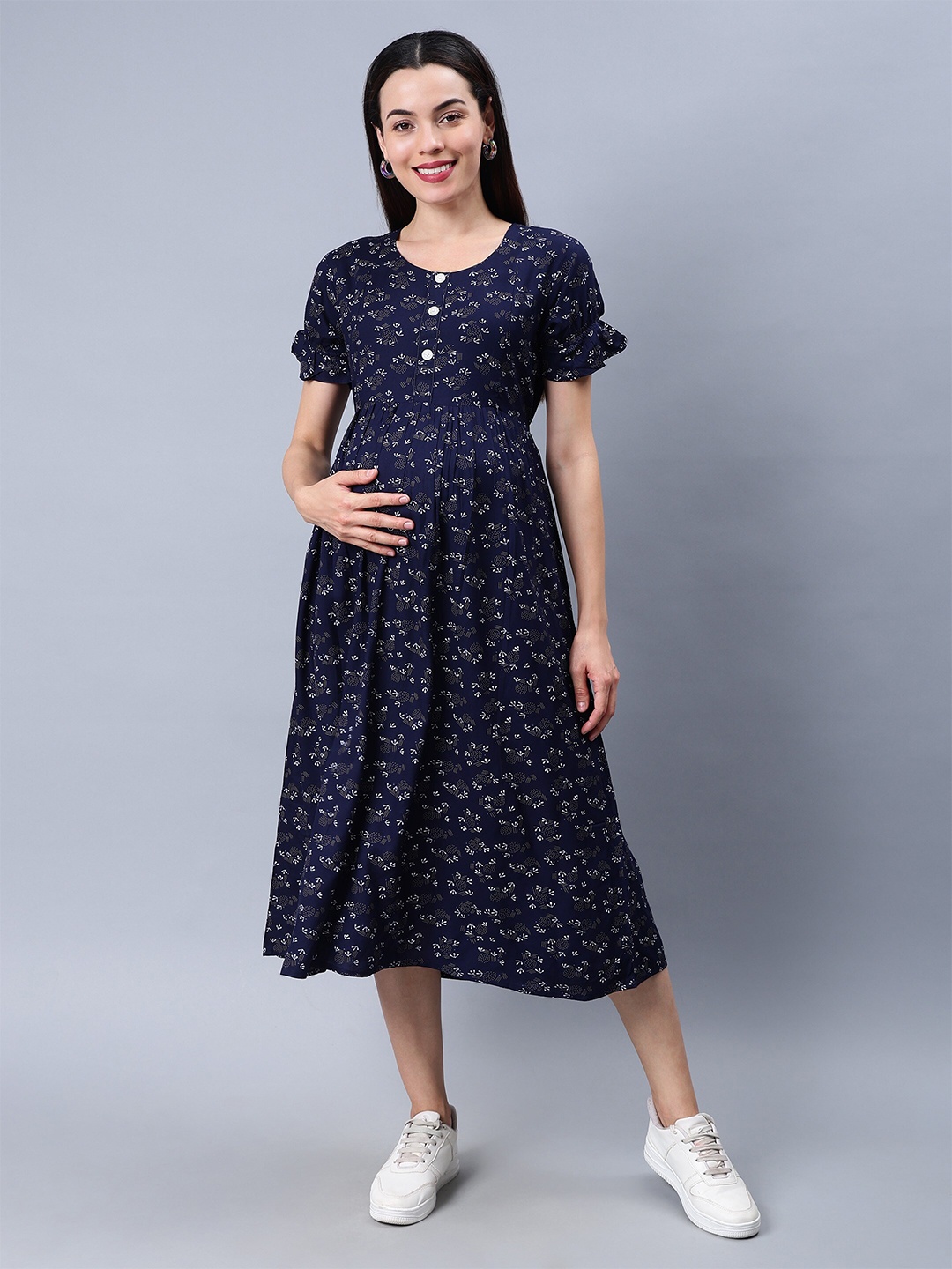 

NIGHTSPREE Floral Printed Puff Sleeves Maternity Fit & Flare Midi Dress, Navy blue