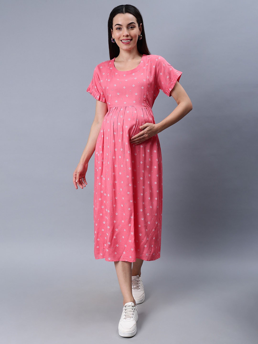 

NIGHTSPREE Floral Printed Gathered Detail Fit & Flare Midi Maternity Dress, Peach