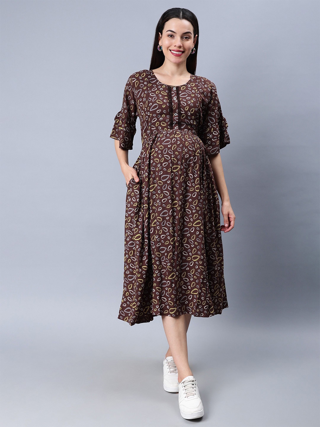 

NIGHTSPREE Floral Printed Round Neck Maternity Fit & Flare Midi Dress, Brown
