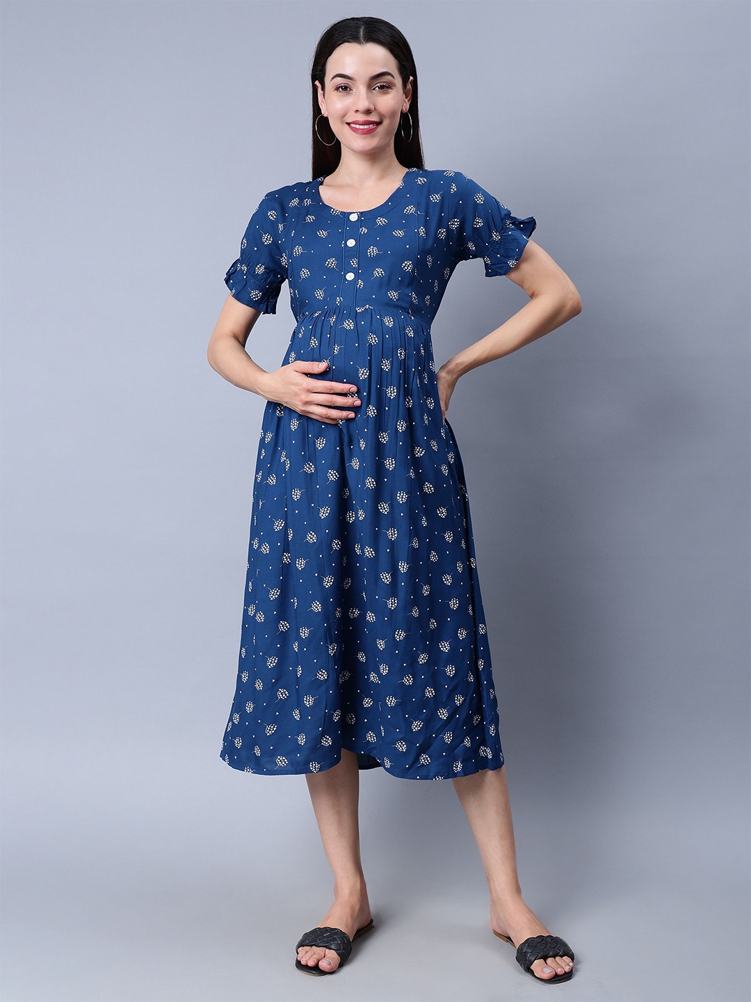 

NIGHTSPREE Floral Printed Maternity Fit & Flare Midi Dress, Blue