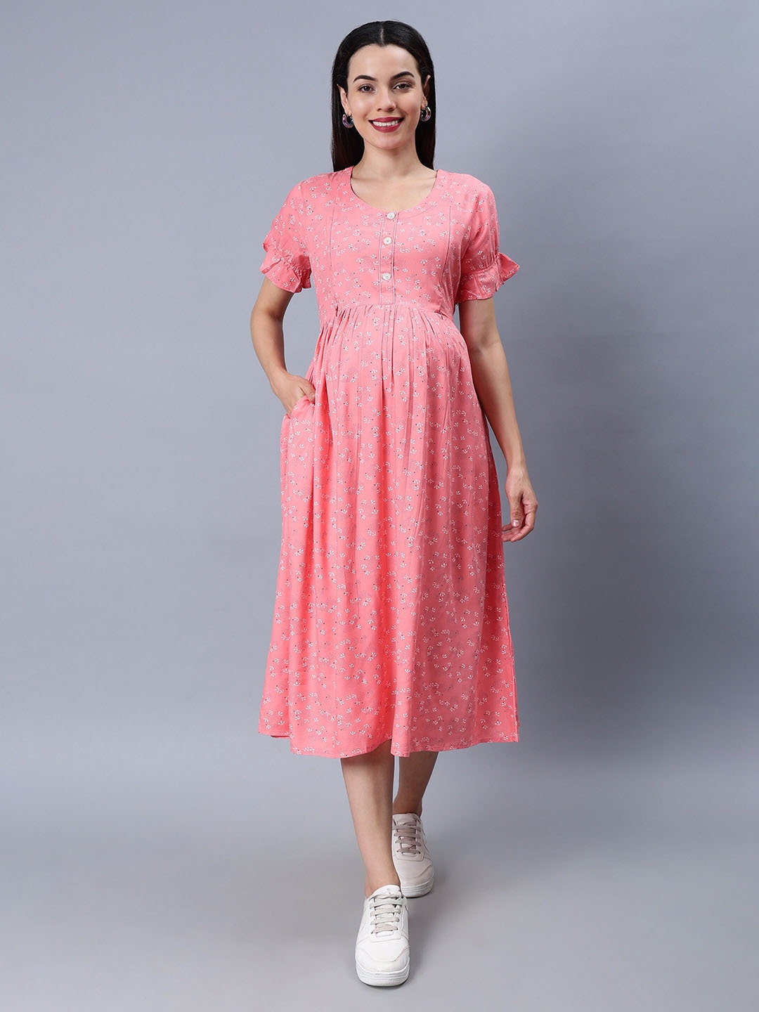 

NIGHTSPREE Floral Printed Maternity Fit & Flare Midi Dress, Peach