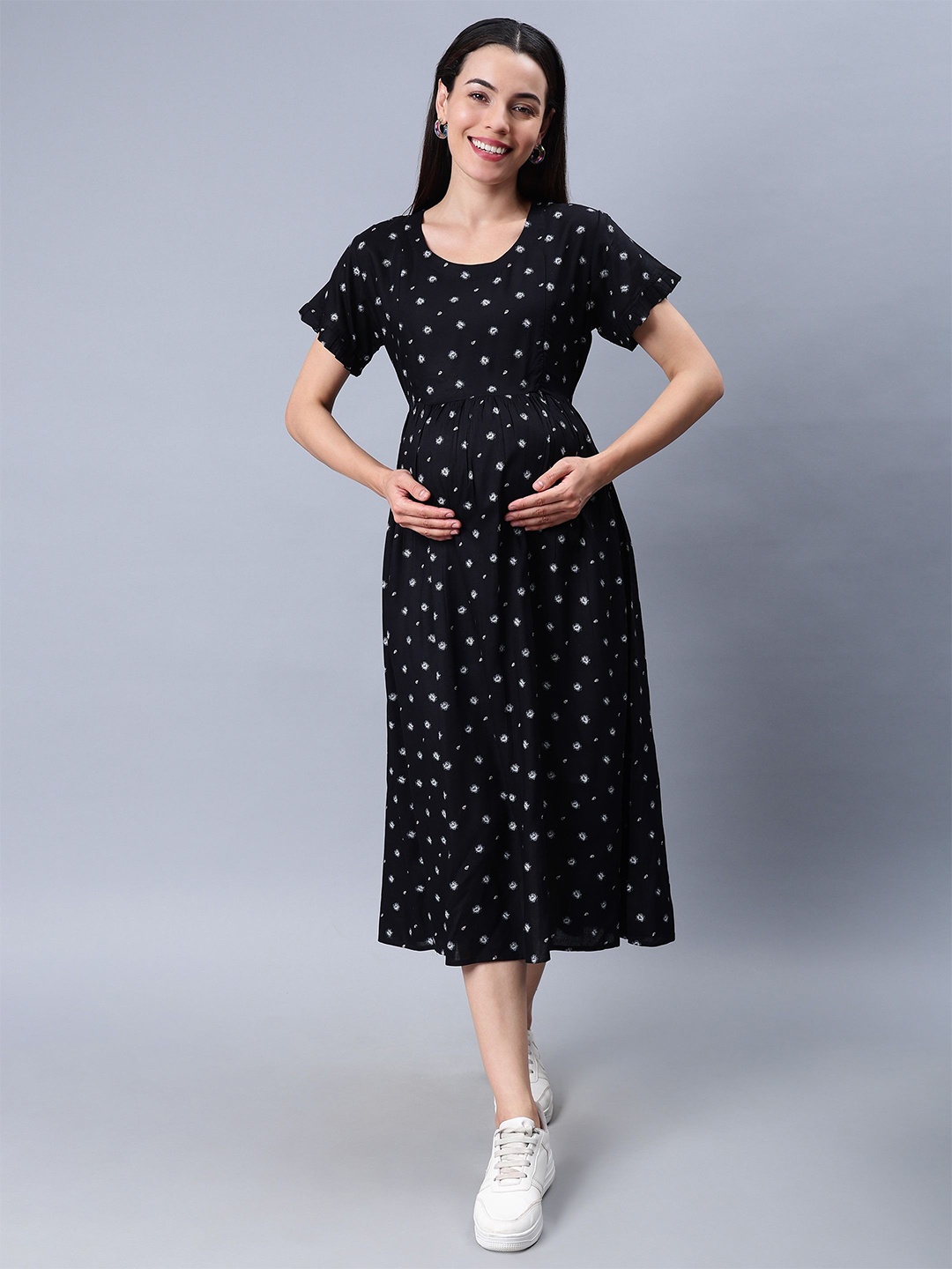 

NIGHTSPREE Polka Dot Printed Maternity Fit & Flare Midi Dress, Black