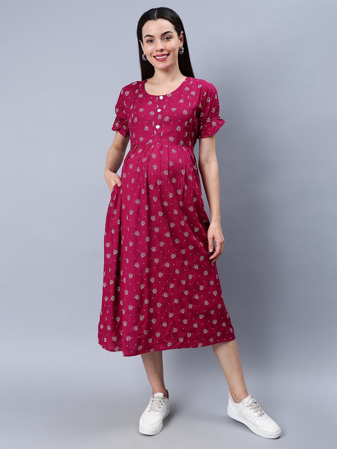 

NIGHTSPREE Floral Printed Puff Sleeve Maternity Fit & Flare Midi Dress, Pink