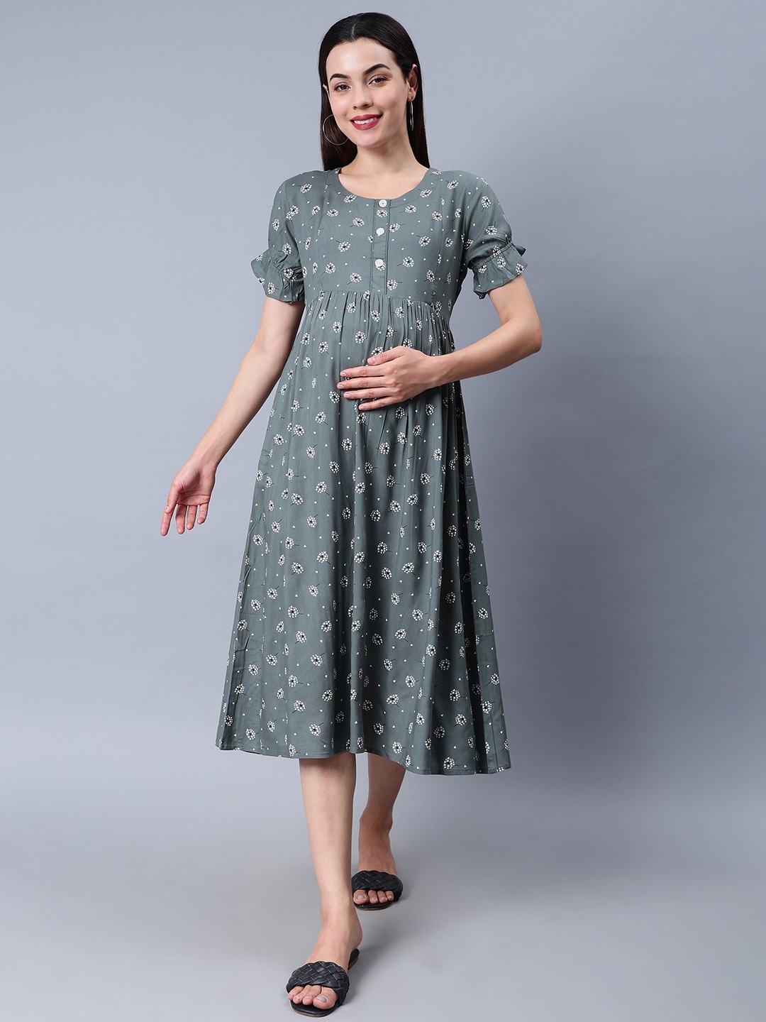 

NIGHTSPREE Floral Printed Maternity Fit & Flare Midi Dress, Green