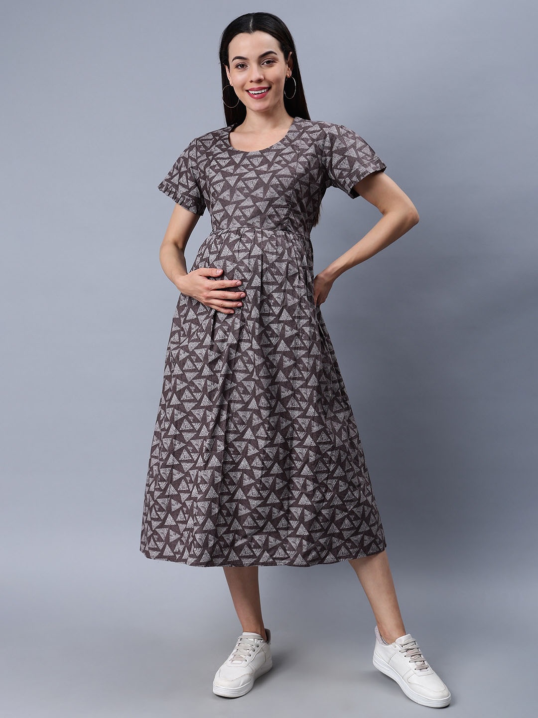 

NIGHTSPREE Geometric Printed Maternity Fit & Flare Midi Dress, Coffee brown
