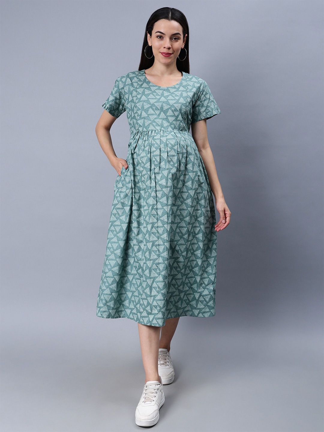

NIGHTSPREE Ethnic Motifs Print Maternity Fit & Flare Midi Dress, Sea green