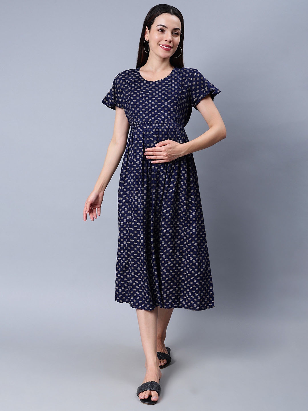 

NIGHTSPREE Polka Dot Printed Round Neck Maternity Fit & Flare Dress, Navy blue