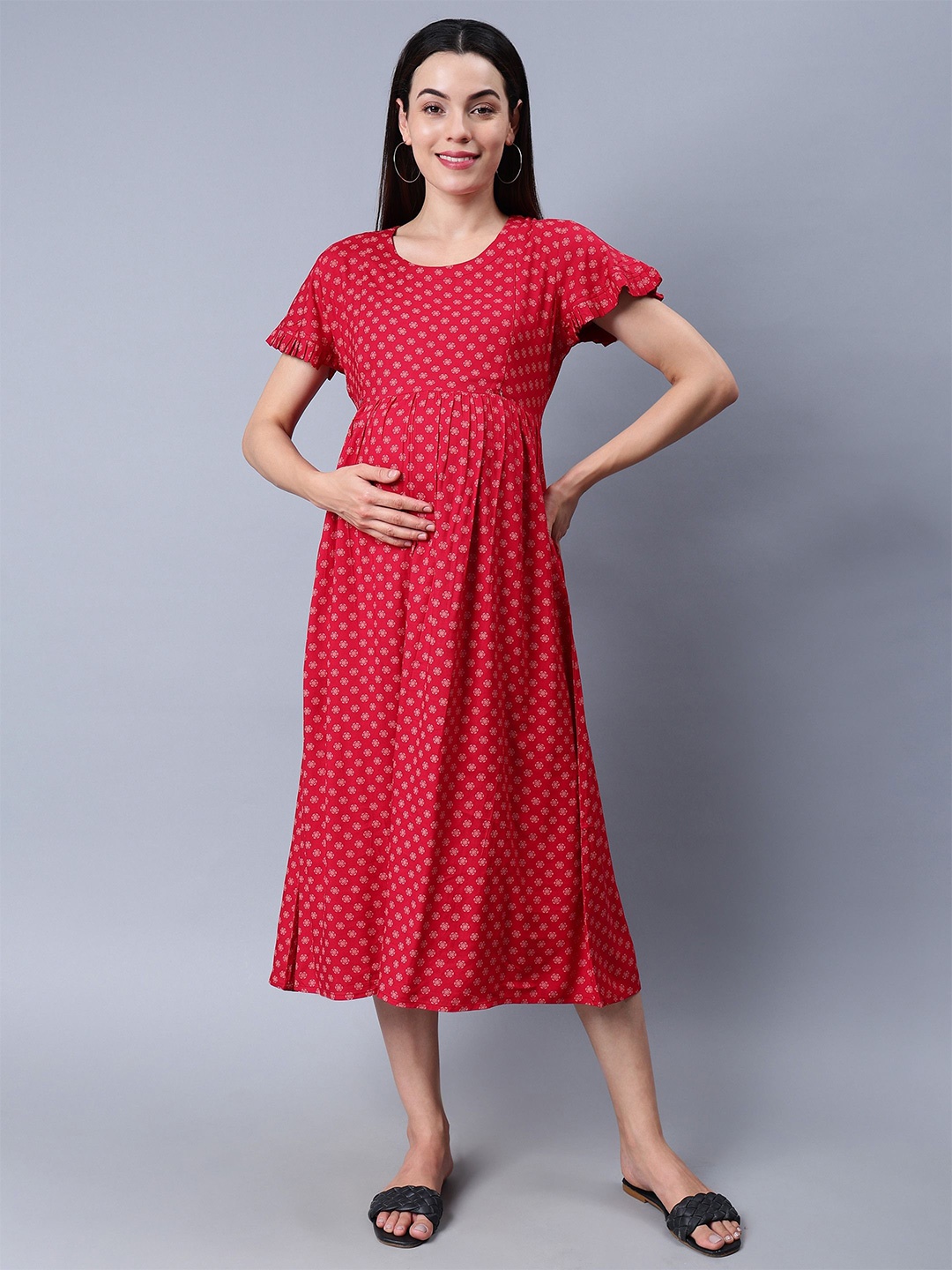 

NIGHTSPREE Polka Dot Printed Maternity Fit & Flare Midi Dress, Red